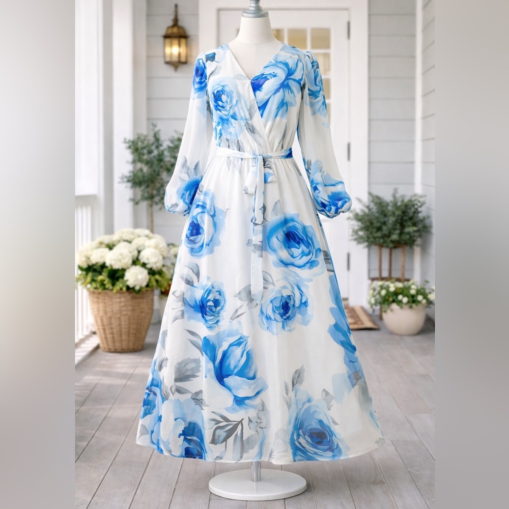 Blue Floral Maxi Women's Dress - Picture 4 of 5